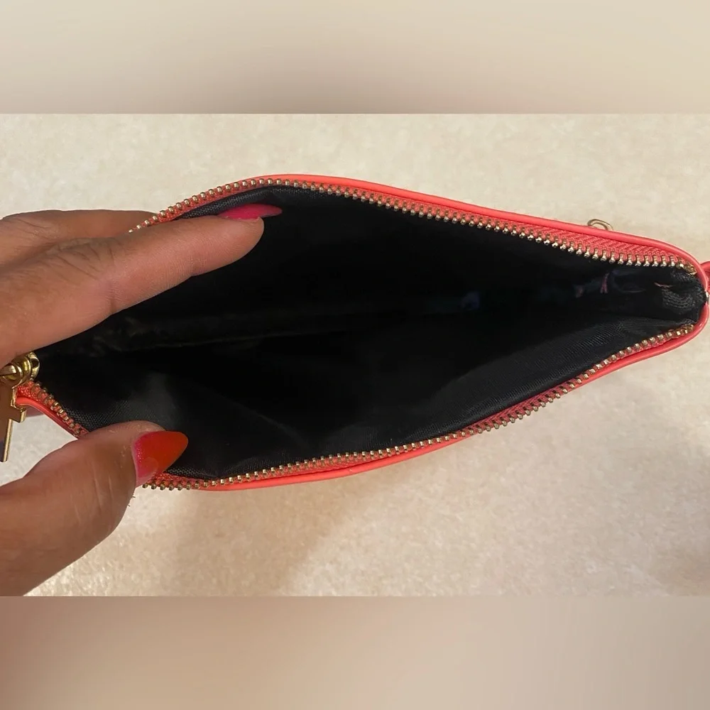 PURSE: Coral/Peach Patent Leather Pouch w/Golden Cross Charm Zipper Pulls, NWOT